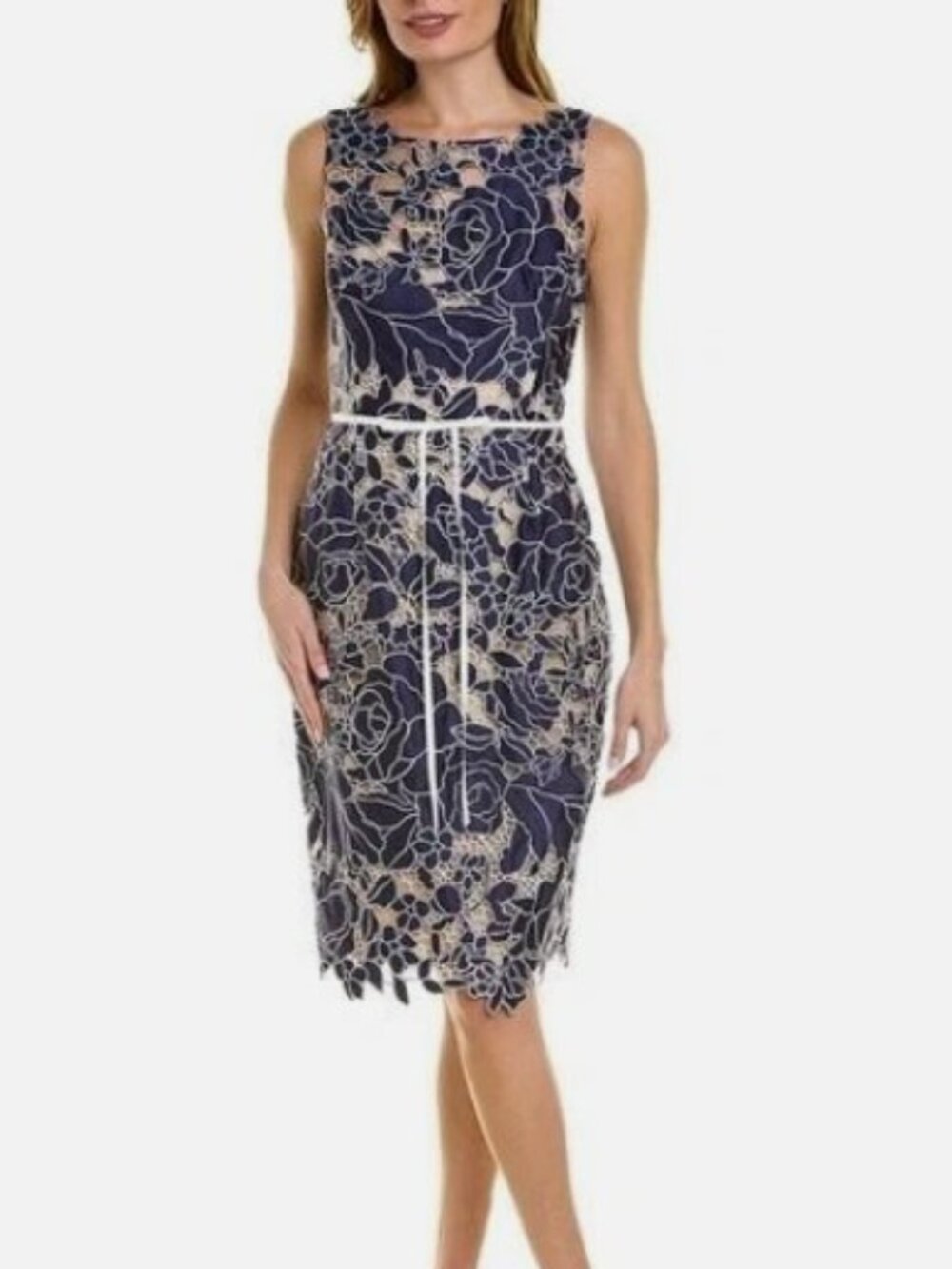 Marchesa Notte Semi-Sheer Floral-Lace Midi Dress - Blue - size 4